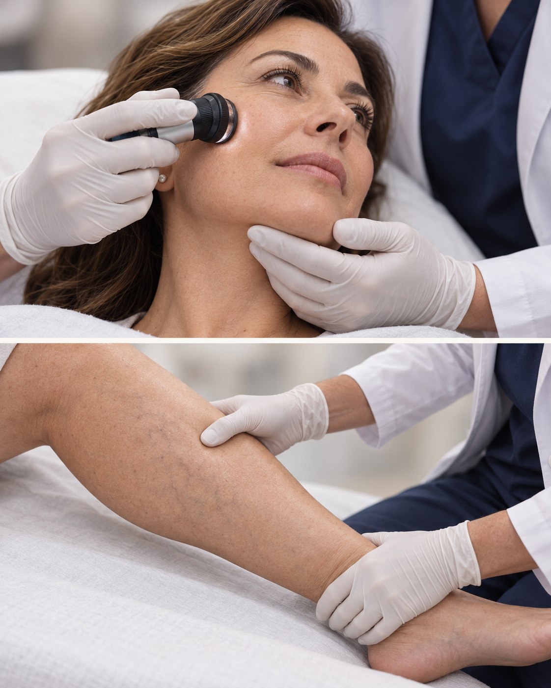 Evaluación dermatológica del rostro con dermatoscopio y examen médico de una pierna